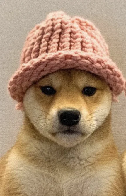 Portrait of the Shiba Inu in a knitted hat, the meme behind the dogwifhat WIF coin